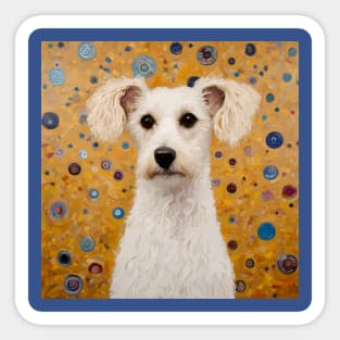 Gustav Klimt Style White Dog with Geometric Background Sticker